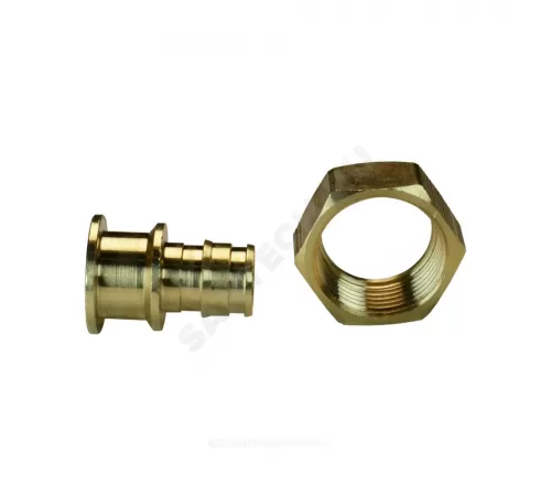 Соединитель для PE-X труб радиальный латунь Дн 20х1" под плоское уплотнение с накидной гайкой без прокладки РОС