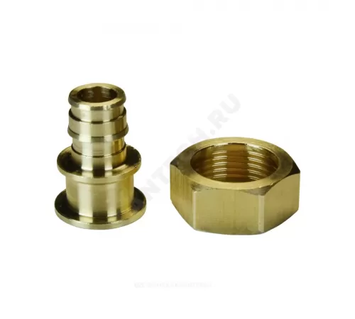 Соединитель для PE-X труб радиальный латунь Дн 20х1" под плоское уплотнение с накидной гайкой без прокладки РОС