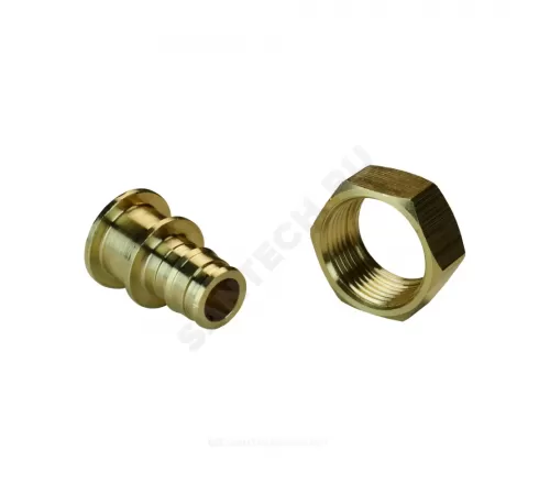 Соединитель для PE-X труб радиальный латунь Дн 20х1" под плоское уплотнение с накидной гайкой без прокладки РОС