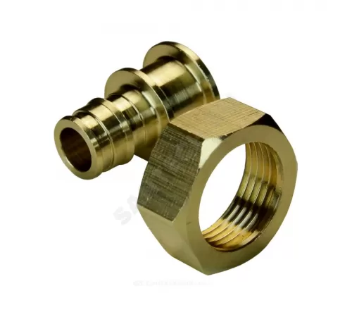 Соединитель для PE-X труб радиальный латунь Дн 20х1" под плоское уплотнение с накидной гайкой без прокладки РОС
