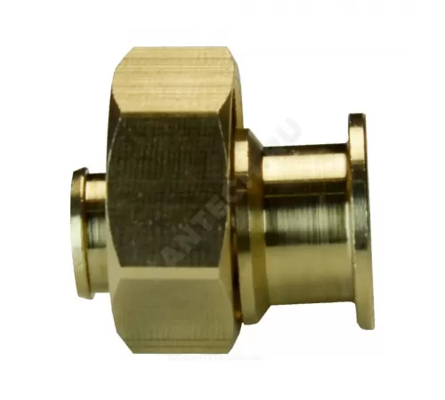 Соединитель для PE-X труб радиальный латунь Дн 20х1" под плоское уплотнение с накидной гайкой без прокладки РОС