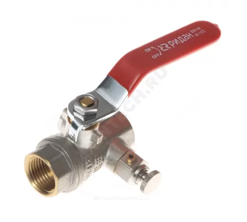 Кран шаровой латунь со спускником BVR-DR Ду 32 Ру40 ВР 1 1/4" рычаг красный полнопроходной Ридан 065B8319RG