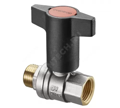 Кран шаровой латунь никель Optibal Ду 32 Ру16 ВР/НР полнопроходной с Т-рукояткой красной удлиненная ручка Oventrop 1077310 .