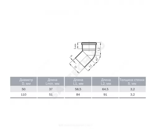 Отвод НПВХ серый Дн 50х45гр б/нап в/к ТУ 6-49-33-92 Агригазполимер