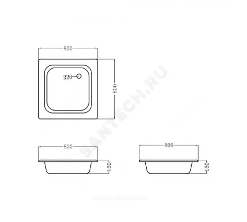 Поддон душевой чугунный квадрат 900х900х160 с противоскользящим покрытием белый Selena