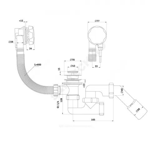 Слив-перелив для ванны регулируемый полуавтоматический (тросик) 1 1/2"x40 с переходной трубкой 45гр 40/50 слив клапан, пробка D=46мм АНИ Пласт EM321