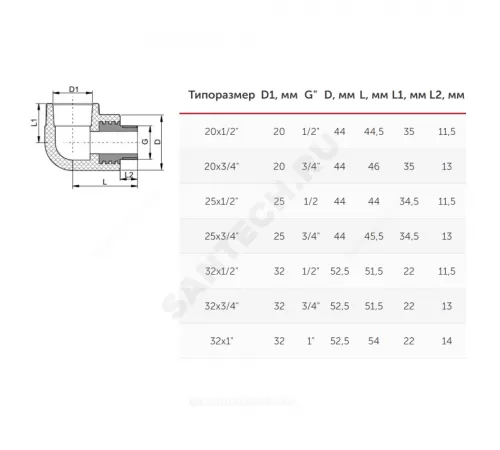 Угольник PP-R комбинированный белый Дн 25х3/4" НР VALFEX 10126025