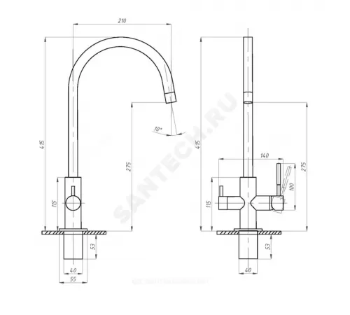 Смеситель для кухонной мойки ручка сбоку одноручный излив с каналом для питьевой воды STEEL Профсан PSM-300-11