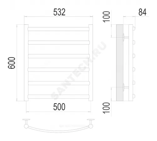 Полотенцесушитель водяной нерж сталь Лесенка (1/2") ВР 500х600мм 6П нижнее подключение Атланта+ Терминус 4670078529985