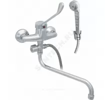 Смеситель для ванны с душем хирургический локтевой одноручный круглый излив, душевой шланг н/ж сталь, хромированная пластиковая лейка и кронштейн Стройка ЦС-СМ 300/1-4 D35 М-44 Центр Сантехники (Подольск) СТ300117