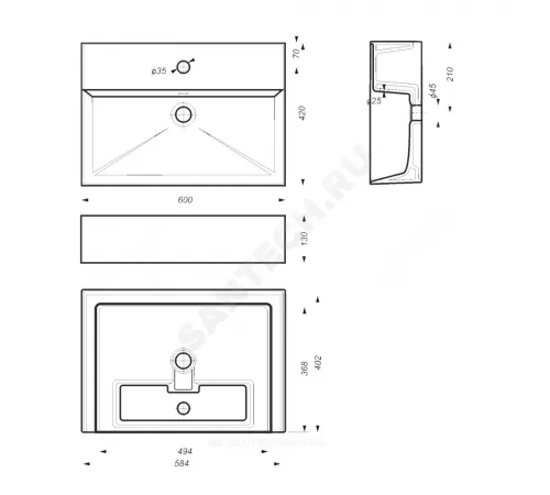 Умывальник мебельный Novel 60 1 отверстие под смеситель по центру белый Sanita Luxe WB.FN/Novel/60-C/WHT.G/S1
