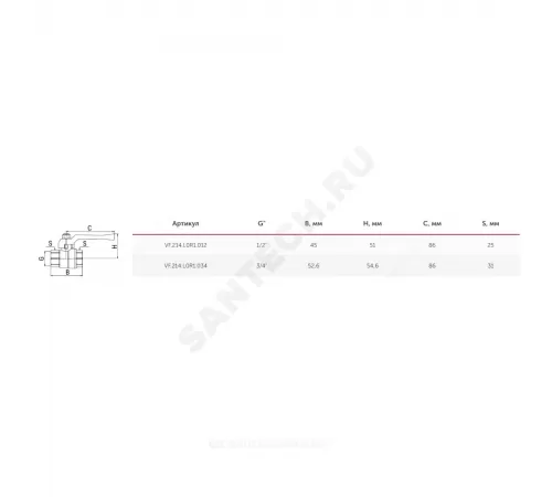 Кран шаровой латунь 11Б27фт1М OPTIMA Ду 15 Ру25 ВР полнопроходной рычаг красный VALFEX VF.214.L0R1.012