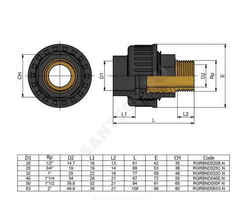 Муфта ПВХ разъемная Дн 32х1" Ру16 серый напорная НР под клеевое соединение EFFAST RGRBND032D.N