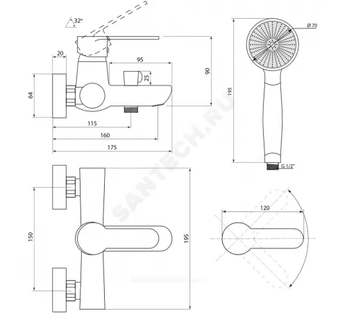 Смеситель для ванны с душем одноручный Коттедж Ф-Серия Славен СЛ-ОД-Ф30