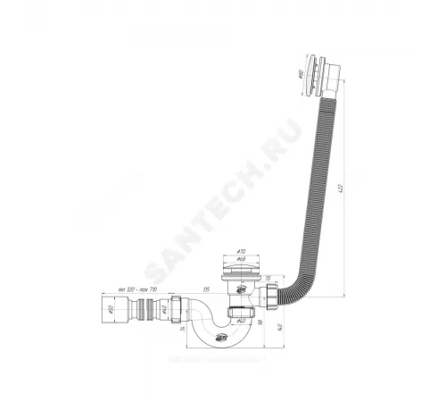 Слив-перелив для ванны трубный автоматический 1 1/2"x40 с гофрой 40х50 слив клапан "клик-клак" (грибок), пробка D=68мм АНИ Пласт EC155G