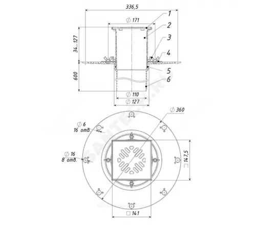 Воронка кровельная с вертикальным выпуском PP Дн 110 с трапом, прижимным фланцем из нержавеющей стали Татполимер ТП-03.100/6