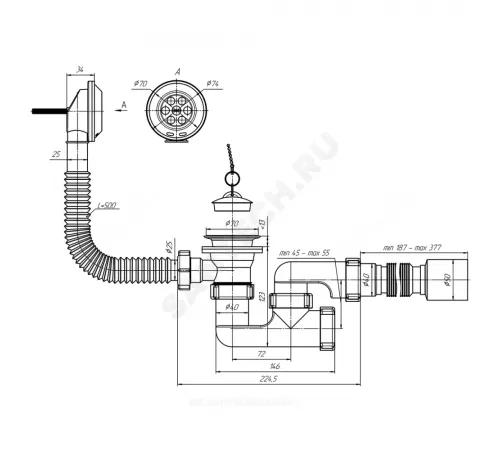 Слив-перелив для ванны регулируемый с пробкой на цепочке 1 1/2"x40 с гофрой 40х50 выпуск с нержавеющей решёткой D=70мм АНИ Пласт E255