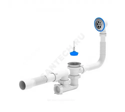 Слив-перелив для ванны регулируемый с пробкой на цепочке 1 1/2"x40 с гофрой 40х50 выпуск с нержавеющей решёткой D=70мм АНИ Пласт E255