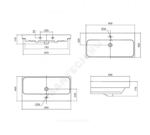 Умывальник мебельный Адриана 90 1 отверстие под смеситель по центру Santek 1.WH50.1.629