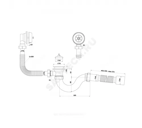 Слив-перелив для ванны трубный с пробкой 1 1/2"x40 с гофрой 40х50 выпуск с пластиковой решёткой D=70мм Варяг АНИ Пласт C6155