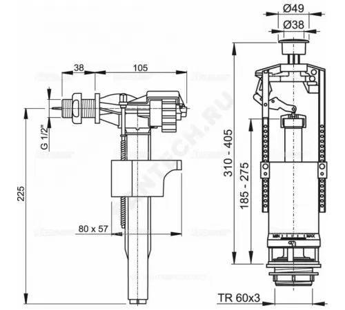 Арматура для бачка сливная/наливная 1/2" боковое подключение кнопка хром 1/реж Alca Plast SA2000 1/2" CHROM