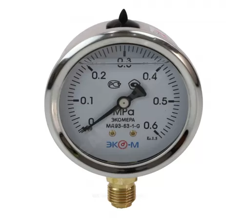 Манометр гидрозаполненный МД93 радиальный Дк63мм 0-0,6 МПа G1/4" глицерин ЭКОМЕРА МД93-63-G-0,6МПа