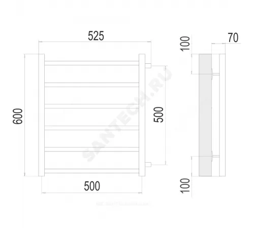 Полотенцесушитель водяной нерж сталь Лесенка (1/2") НР 500х600мм 6П боковое подключение Вега Терминус 4670078530004