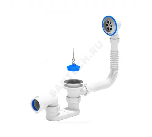 Слив-перелив для ванны плоский с пробкой на цепочке 1 1/2"x40 выпуск с нержавеющей решёткой D=70мм АНИ Пласт E050