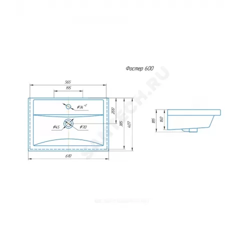 Умывальник мебельный Фостер 60 1 отверстие под смеситель по центру белый Kirovit (Кировская керамика)