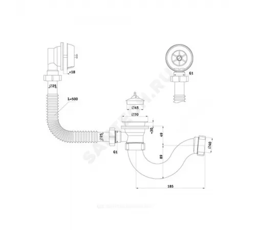 Слив-перелив для ванны трубный с пробкой 1 1/2"x40 выпуск с пластиковой решёткой D=70мм Варяг АНИ Пласт C6150