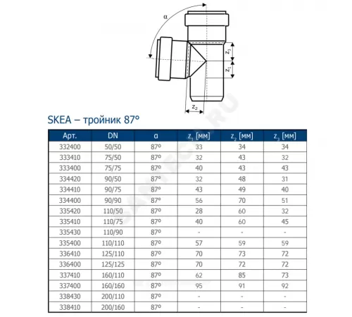 Тройник PP-MD бесшумный светло-серый Skolan Safe SKEA Дн 110х110х87гр (DN110х110) б/нап в/к Ostendorf 335400