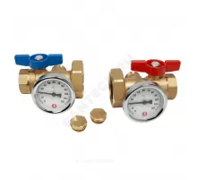 Комплект шаровых кранов латунь R287M Ду 25х40 Ру35 ВР/нак. гайка бабочка красная/синяя c термометром Giacomini R287MY005