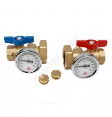 Комплект шаровых кранов латунь R287M Ду 25х40 Ру35 ВР/нак. гайка бабочка красная/синяя c термометром Giacomini R287MY005