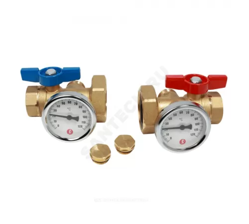 Комплект шаровых кранов латунь R287M Ду 25х40 Ру35 ВР/нак. гайка бабочка красная/синяя c термометром Giacomini R287MY005