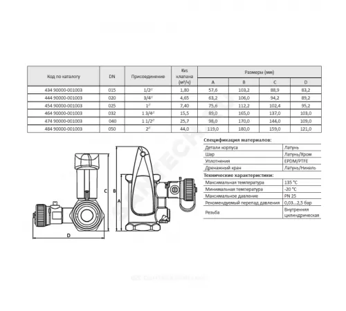 Клапан балансировочный ручной латунь Basic Ду 32 G1 1/4" Ру25 ВР Kvs=15.5м3/ч без ниппелей BROEN 46490000-001003