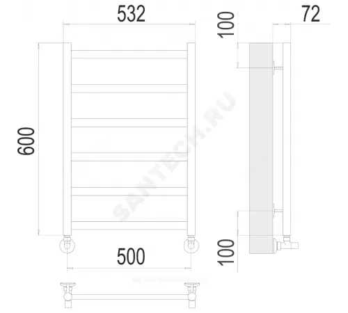 Полотенцесушитель водяной нерж сталь Лесенка (1/2") ВР 500х600мм 6П нижнее подключение Аврора Терминус 4670078529893