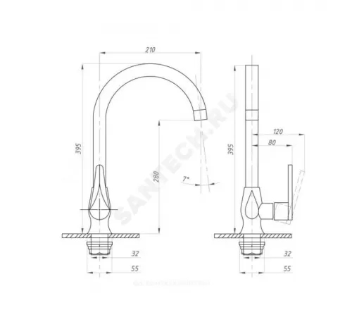 Смеситель для кухонной мойки ручка сбоку одноручный STEEL BLACK Профсан PSM-301-3