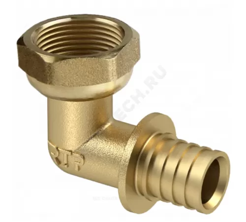 Угольник для PE-X/PE-RT труб аксиальный латунь Дн 16х1/2"х90гр с накидной гайкой RTP (РосТурПласт) 28395
