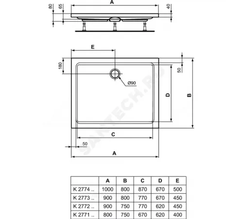 Поддон душевой акрил прямоугольный HOTLINE 1000х800х70 Ideal Standard K277401