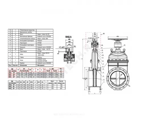 Задвижка чугун VOC4241C аналог МЗВ обрезиненный клин EPDM Ду 500 Ру16 Тмакс=110C фл Tecofi VOC4241C-08EP0500