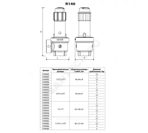 Клапан предохранительный пружинный угловой латунь R140 Ду 20х20 ВР G3/4"хG3/4" Рср=2.5бар 110С Giacomini R140Y022