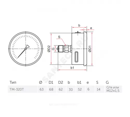 Манометр гидрозаполненный ТМ-320Т.20 осевой Дк63мм 0-0,6 МПа кл.1,5 G1/4" силикон Росма 00000030734