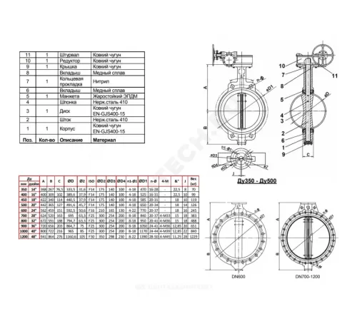 Затвор дисковый поворотный чугун VPE4448-08EP Ду 400 Ру16 межфл с редуктором диск чугун манжета EPDM Tecofi VPE4448-08EP0400