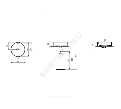 Умывальник мебельный STRADA II Round Vessel 45 без отверстия под смеситель Ideal Standard T296101