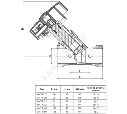 Клапан балансировочный ручной латунь MNT-R Ду 32 Rp1 1/4" Ру16 Тмакс=120 оС ВР Kvs=9.51м3/ч с измерительными ниппелями Ридан 003Z2334R