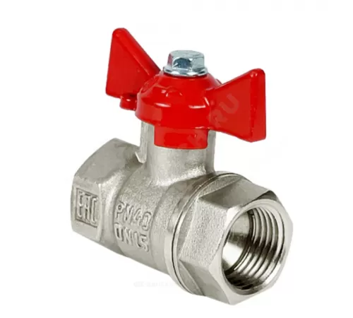 Кран шаровой латунь никель 11Б27фт1М Ду 32 Ру40 ВР бабочка красная VALFEX VF.217.NB1.114.N/P59