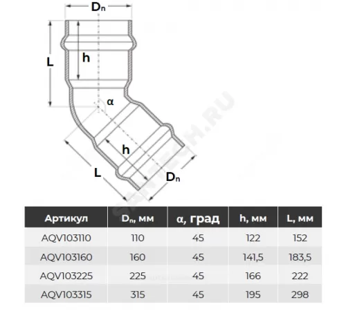 Отвод НПВХ SDR26 Дн 110х45гр Ру10 серый напорный двухраструбный под соединение с уплотнительным кольцом в/к Aquaviva AQV103110