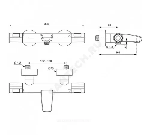 Смеситель для ванны с душем термостат CERATHERM T100 Ideal Standard A7238AA
