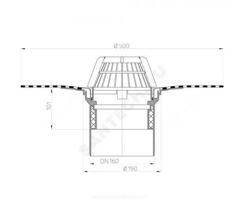 Воронка кровельная HL62H с вертикальным выпуском PP Дн 160 с листвоуловителем, теплоизоляцией, гидроизоляционным полимербитумным полотном 500мм HL HL62H/5
