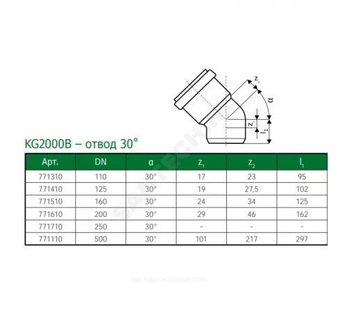 Отвод PP-MD зелёный KG2000 KG2000B Дн 160х30гр б/нап в/к Ostendorf 771510